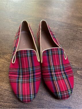 J Crew Size 6 Tartan Slip-On Loafers with Gold Trim